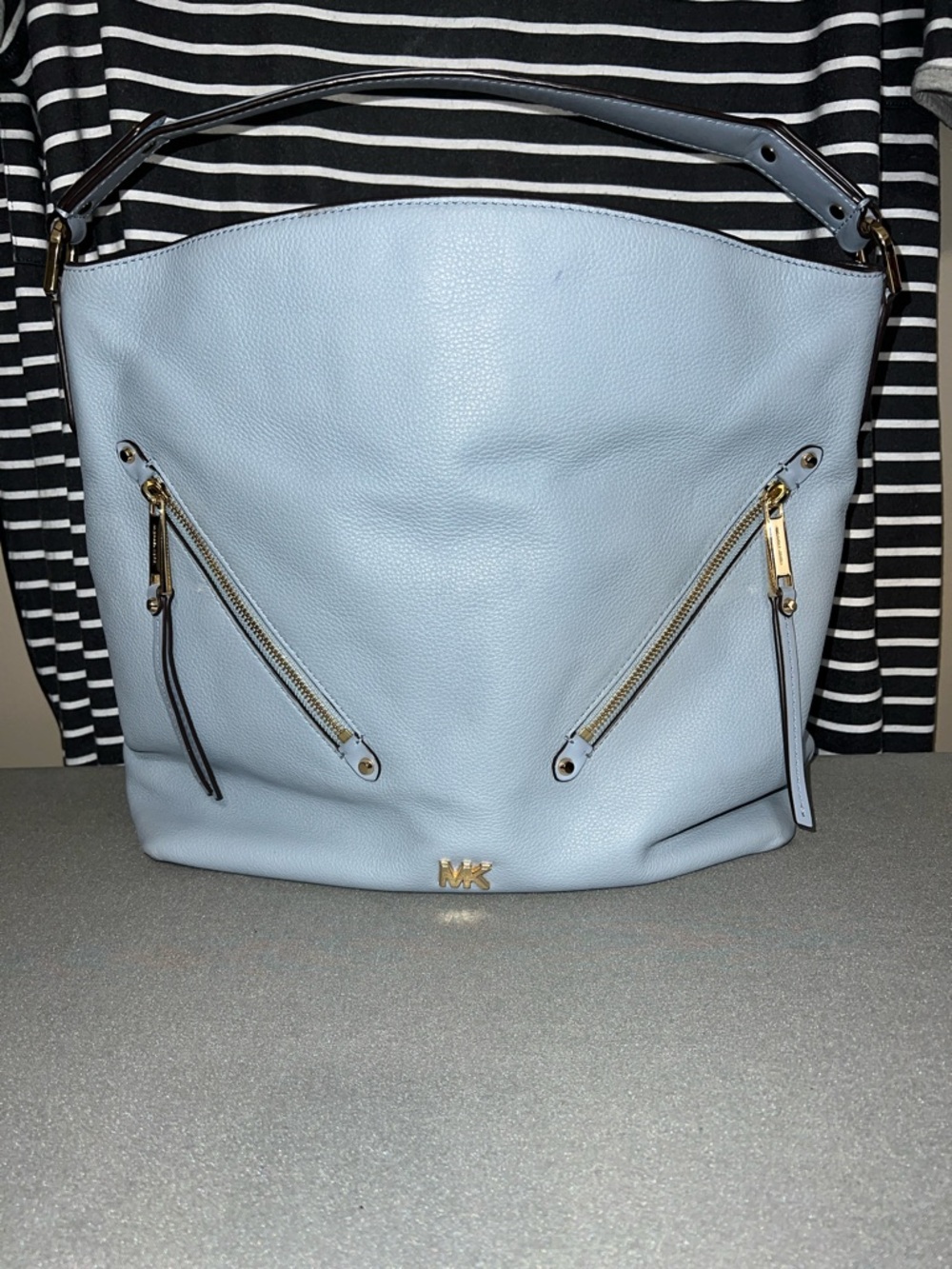 Michael Kors Pale Blue Leather Shoulder Hobo with Gold Hardware